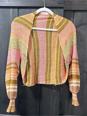 Striped Pink and Mustard Cropped micro  Knit Sweater cardigan small